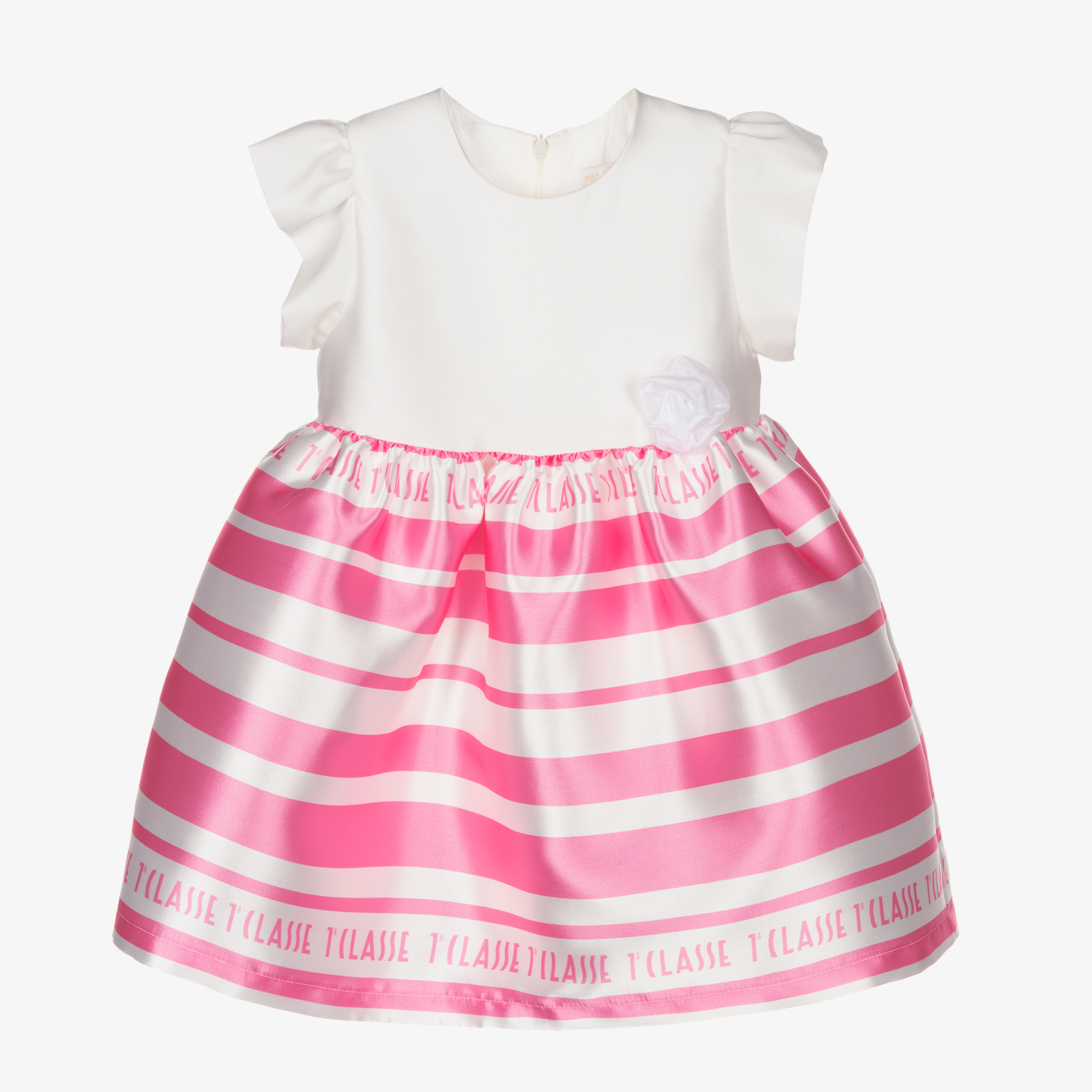 Pink And White Striped Rosette Smocked Dress