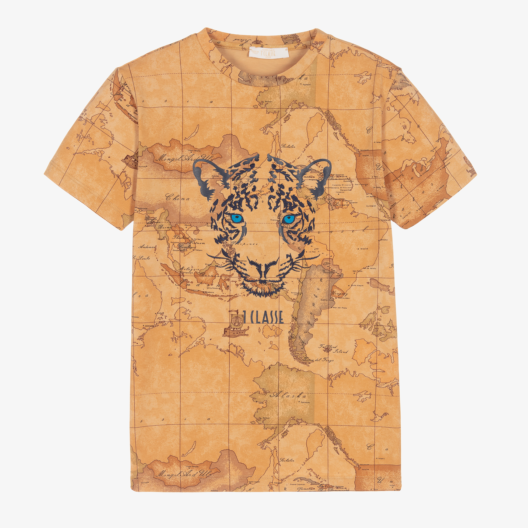 Alviero Martini - Teen Boys Beige Geo Map Tiger T-Shirt