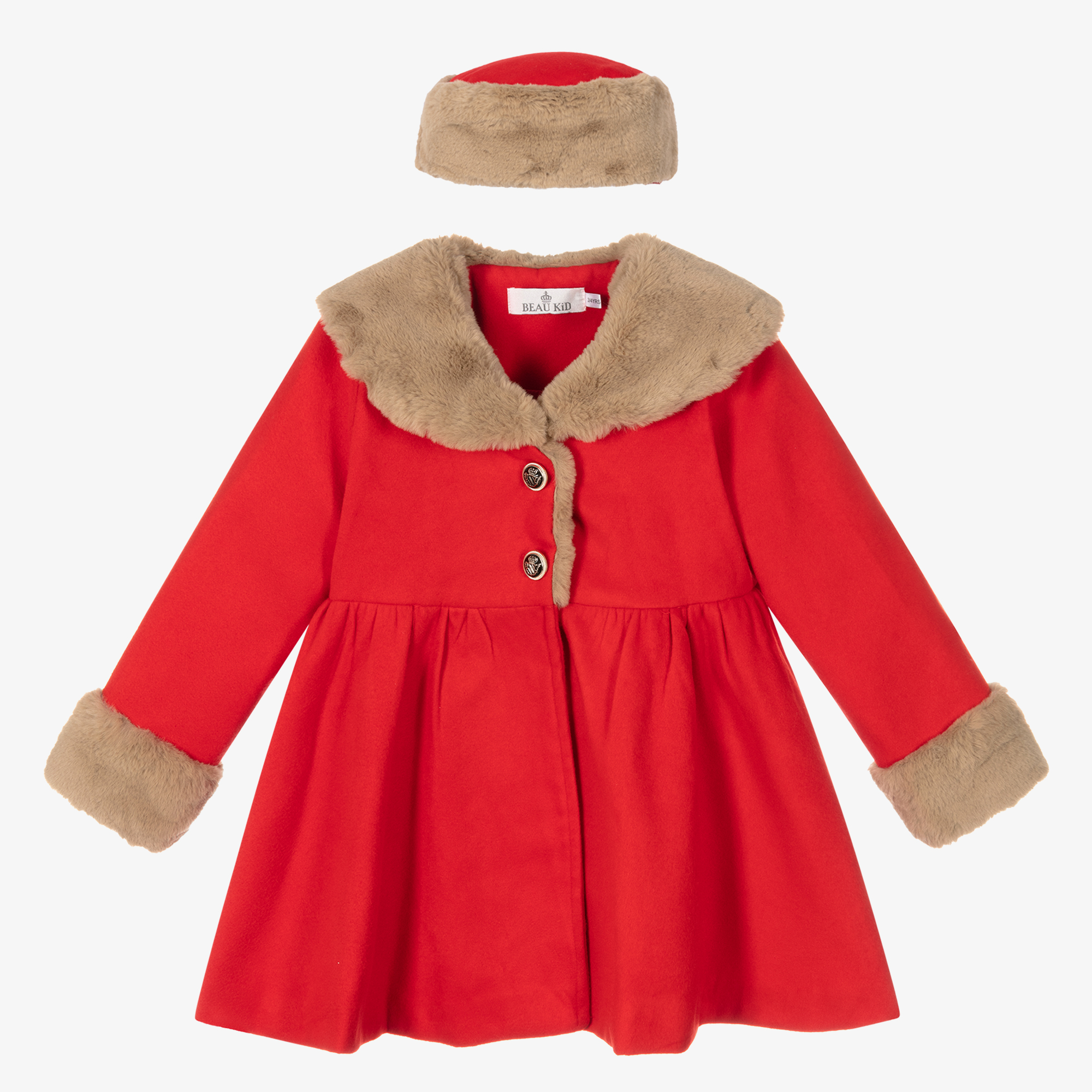 Beau KiD Girls Red Faux Fur Coat Hat