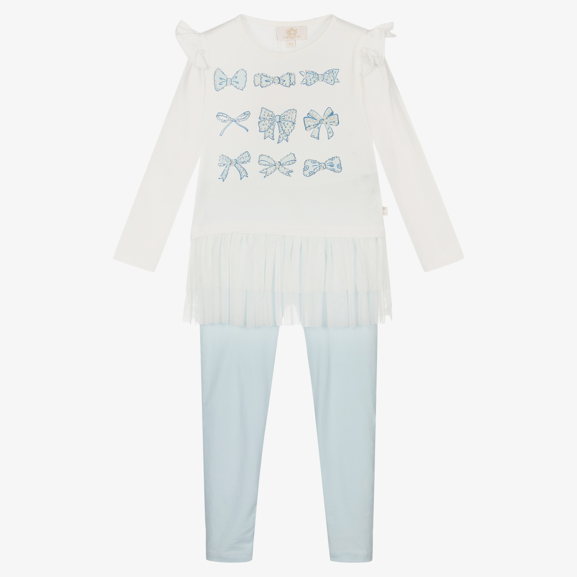 Caramelo Girls White/Blue Diamante Bow Legging Set