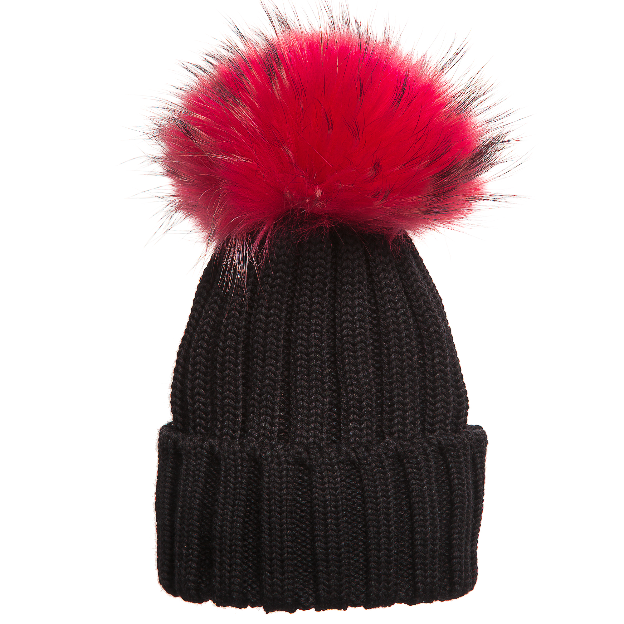 black hat with pink pom pom