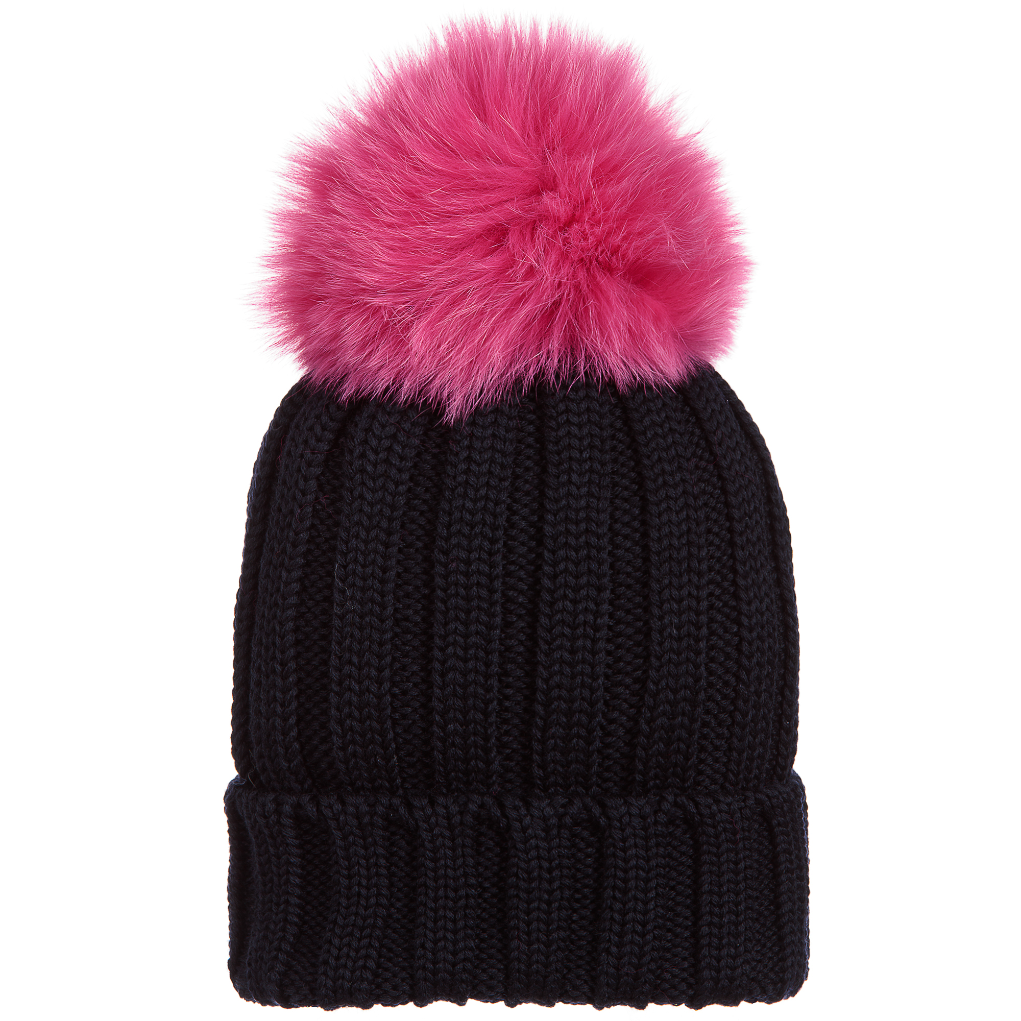 navy hat with pink pom pom