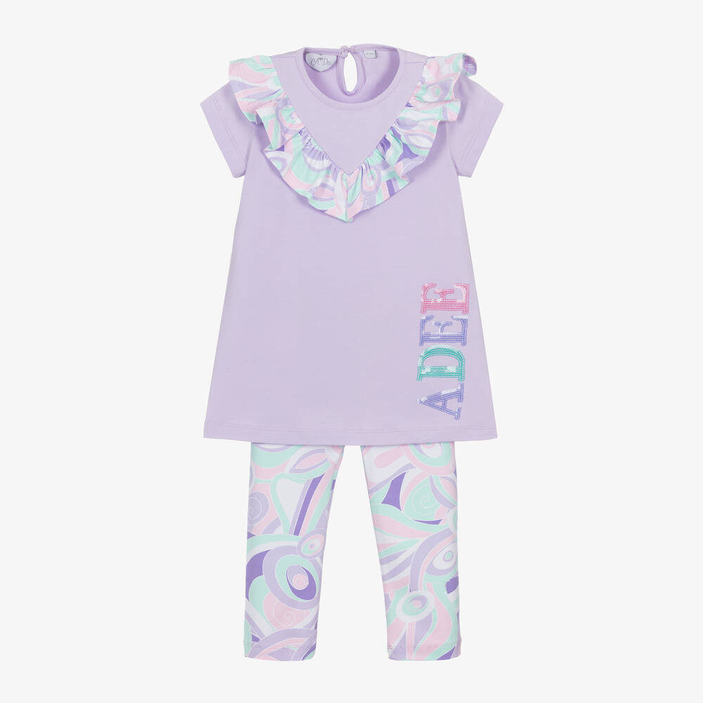 A Dee - Girls Purple Cotton Abstract Leggings Set | Childrensalon