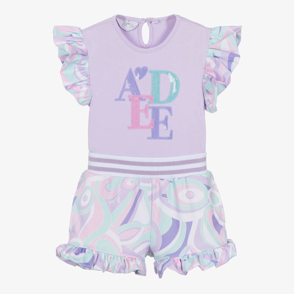 A Dee - Girls Purple Cotton Abstract Shorts Set | Childrensalon