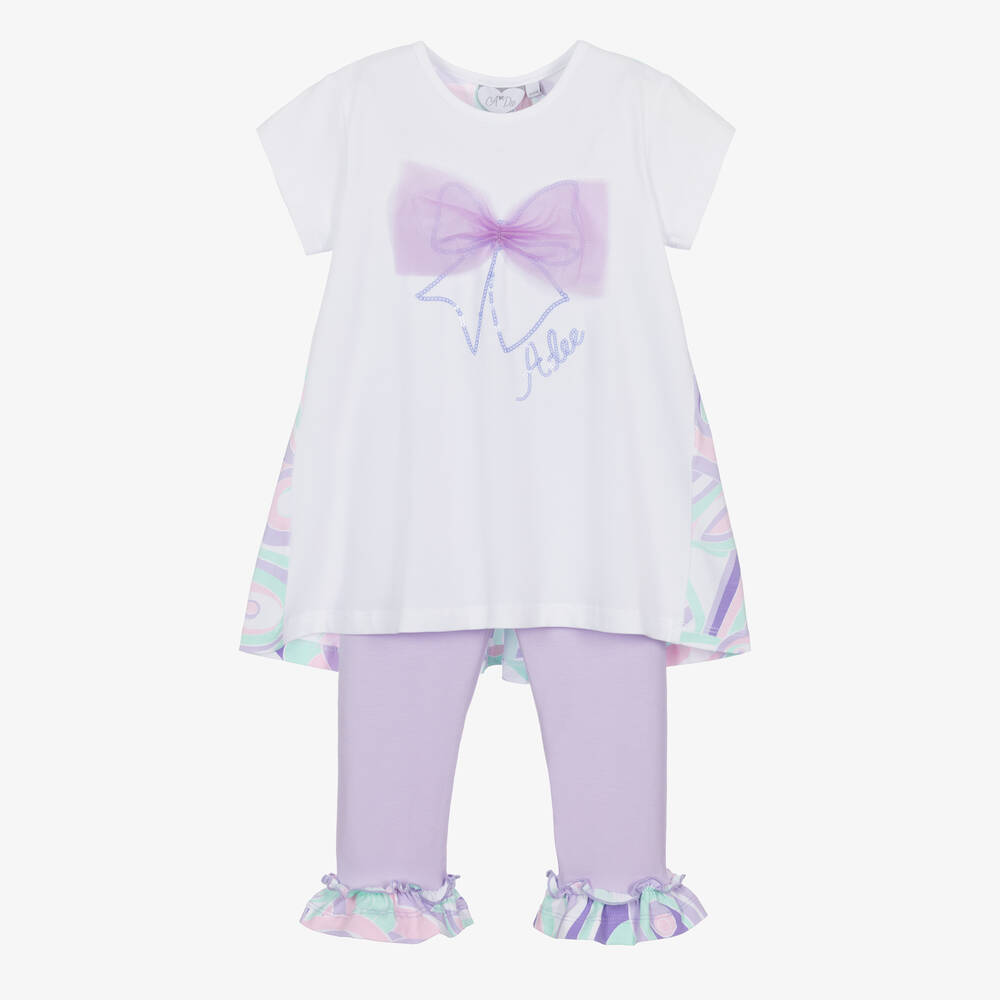 A Dee - Girls White & Purple Cotton Leggings Set | Childrensalon