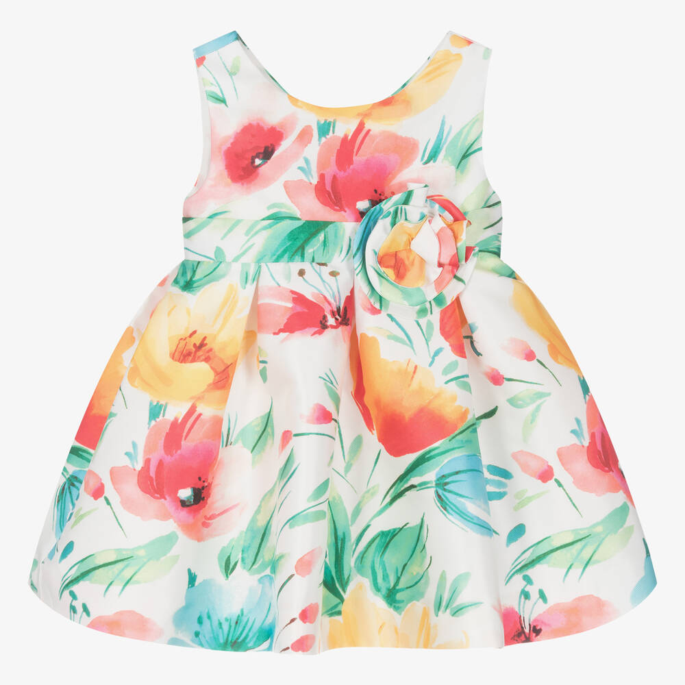 Abel & Lula - Baby Girls White Floral Satin Twill Dress | Childrensalon