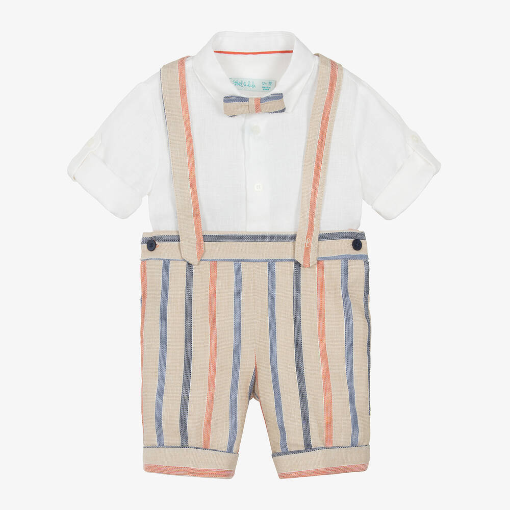 Abel & Lula - Boys Beige Striped Linen Short Set | Childrensalon