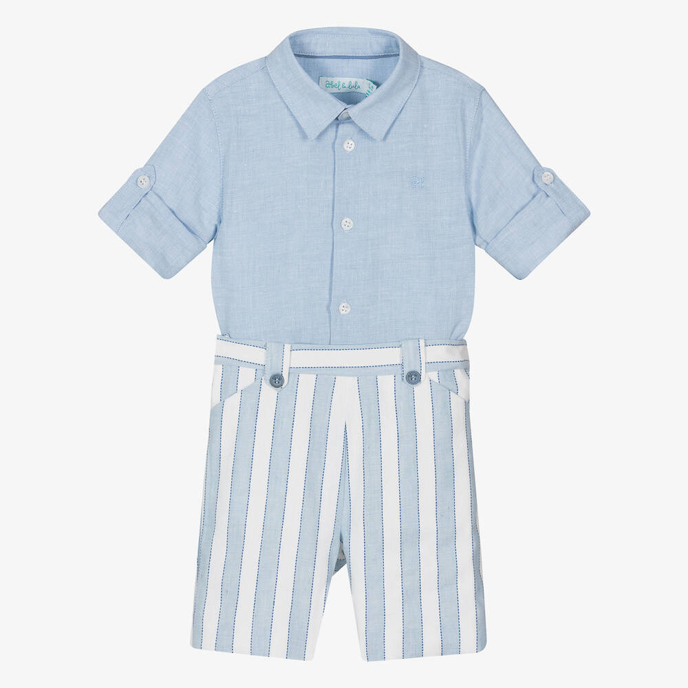 Abel & Lula - Ensemble short en lin rayé bleu garçon | Childrensalon