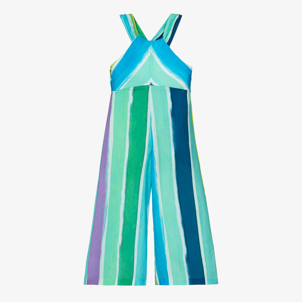 Abel & Lula - Girls Blue Stripe Satin Jumpsuit | Childrensalon