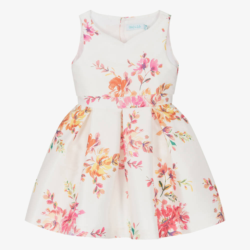 Abel & Lula - Girls Ivory Floral Satin Dress | Childrensalon