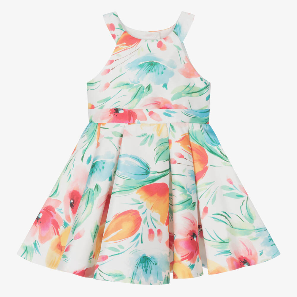 Abel & Lula - Girls White Floral Satin Dress | Childrensalon