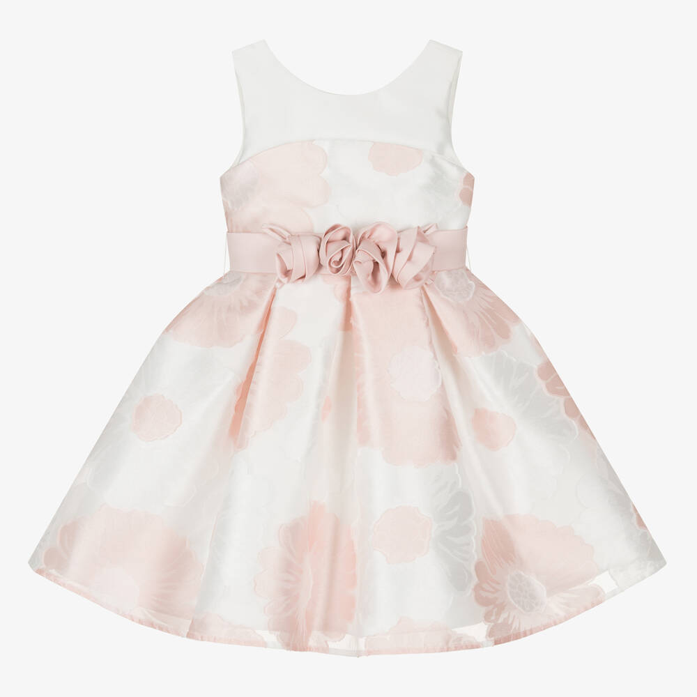 Abel & Lula - Girls White Organza Floral Jacquard Dress | Childrensalon