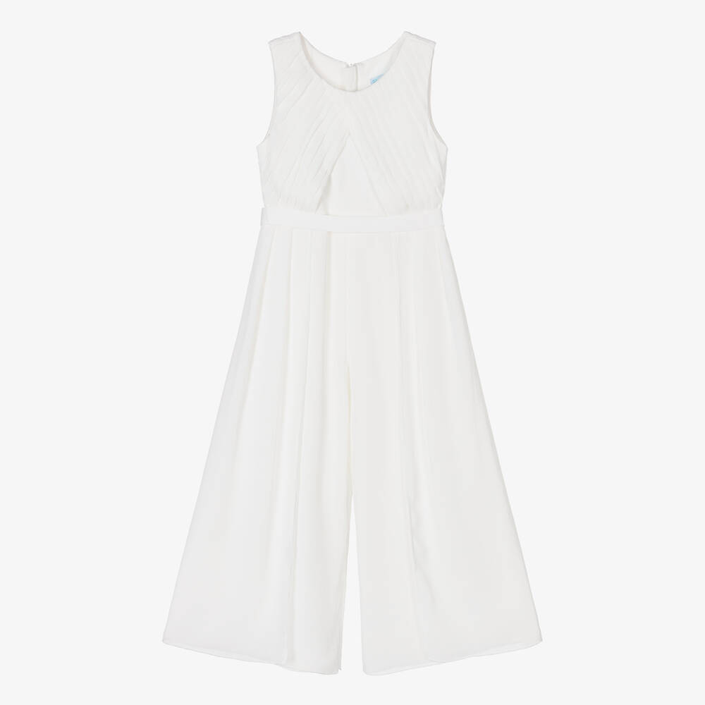 Abel & Lula - Girls White Pleated Chiffon Jumpsuit | Childrensalon