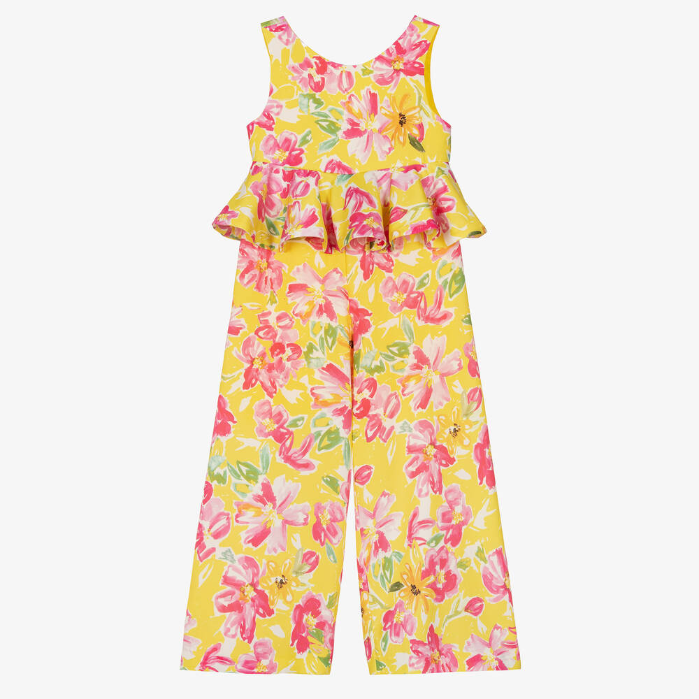 Abel & Lula - Girls Yellow Satin Floral Jumpsuit | Childrensalon