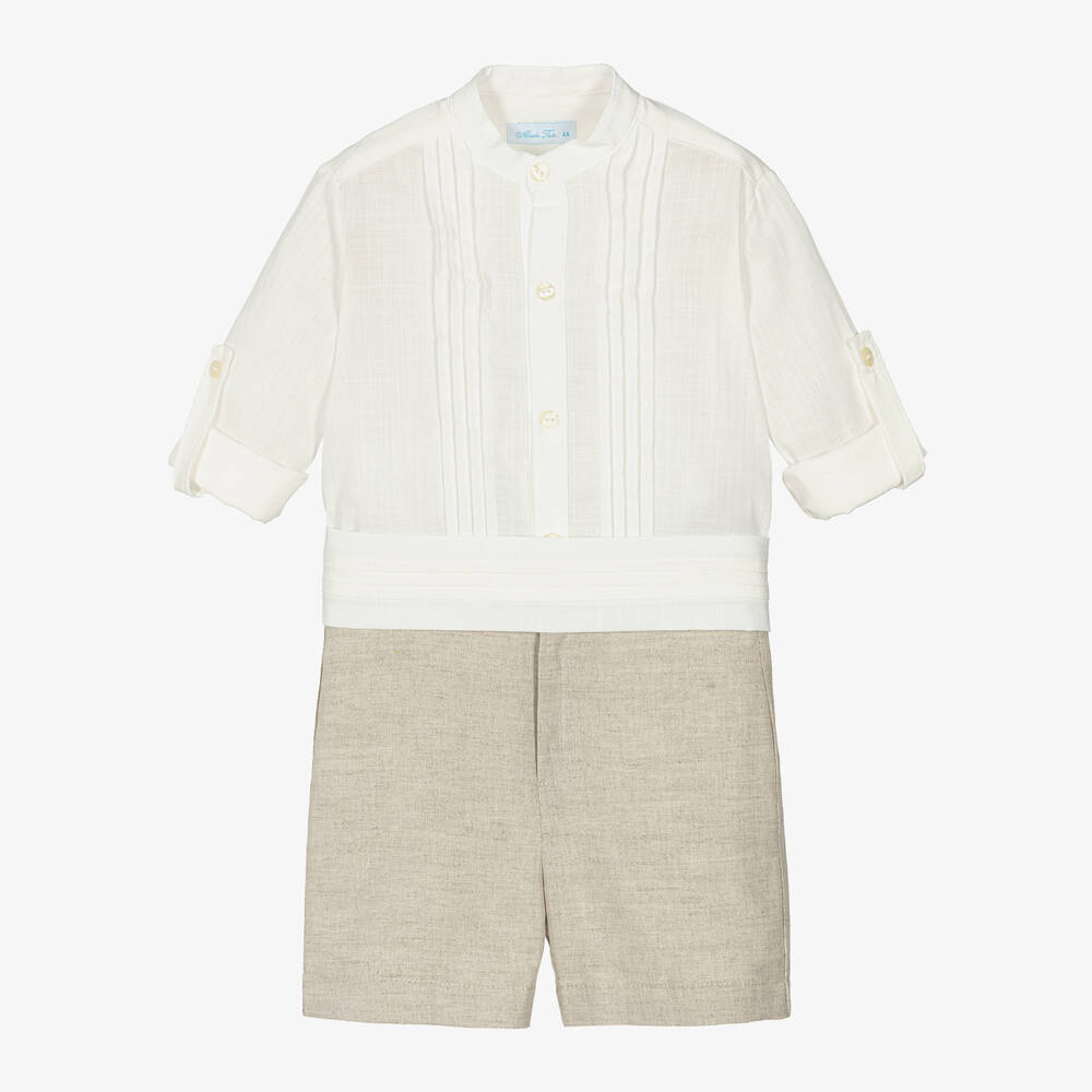 Abuela Tata - Ensemble short coton lin beige ivoire  | Childrensalon