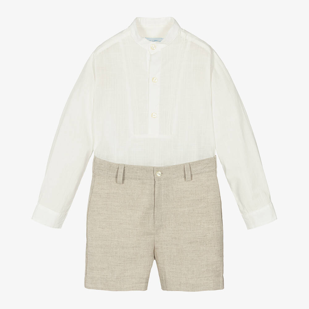 Abuela Tata - Ensemble short coton lin beige ivoire | Childrensalon