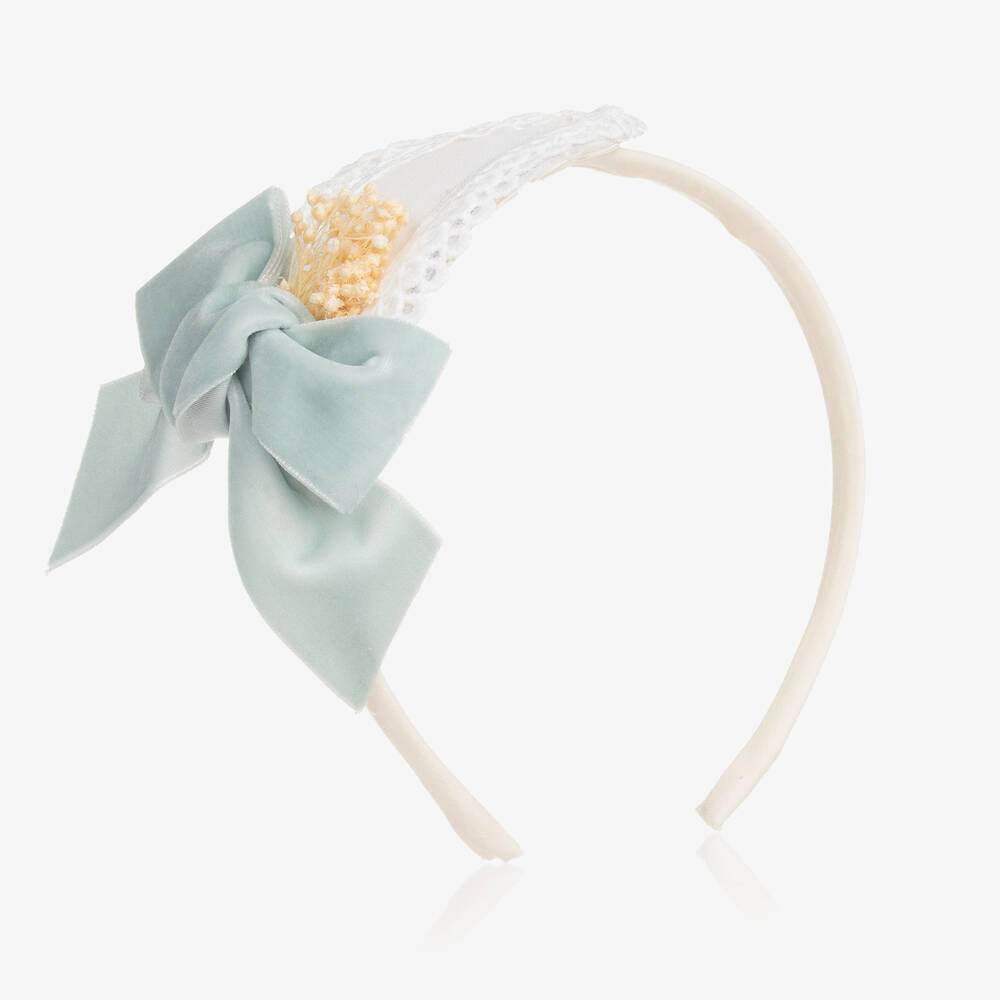 Abuela Tata - Girls Ivory & Blue Velvet Bow Hairband | Childrensalon