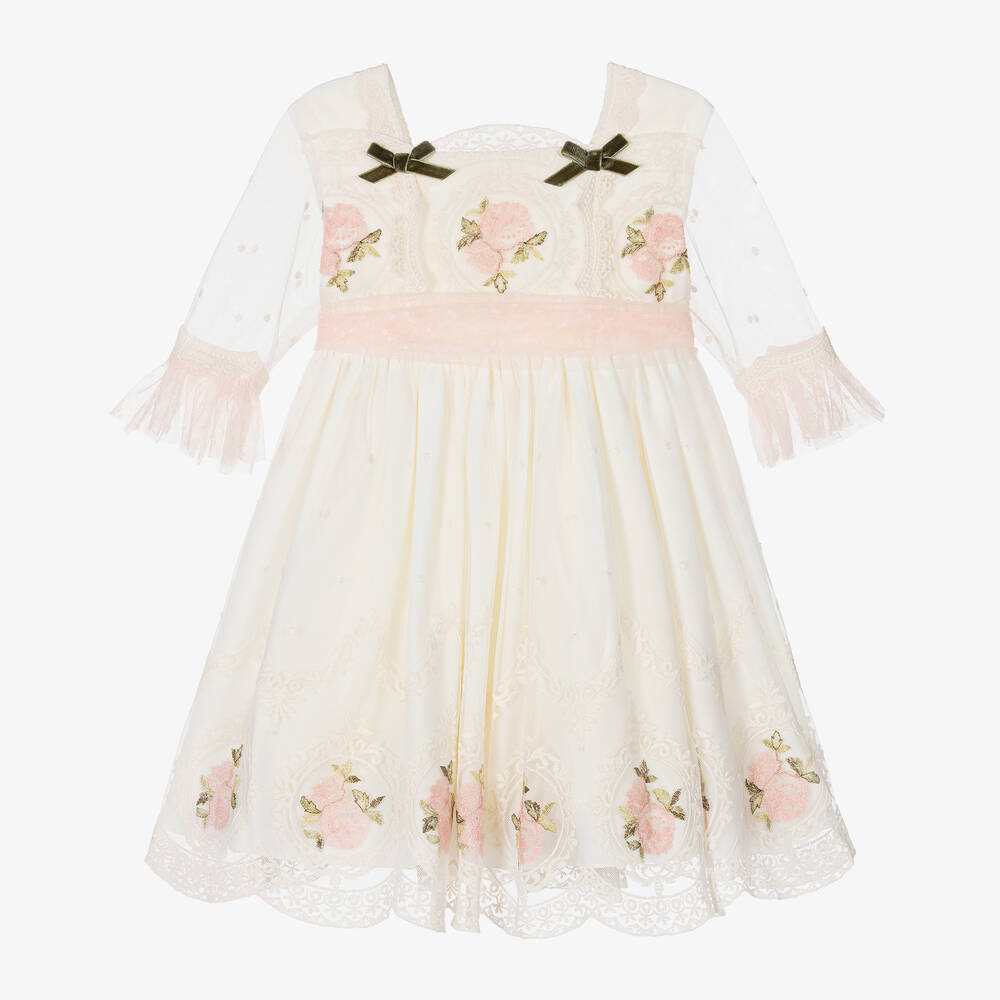 Abuela Tata - Girls Ivory Embroidered Tulle Roses Dress  | Childrensalon