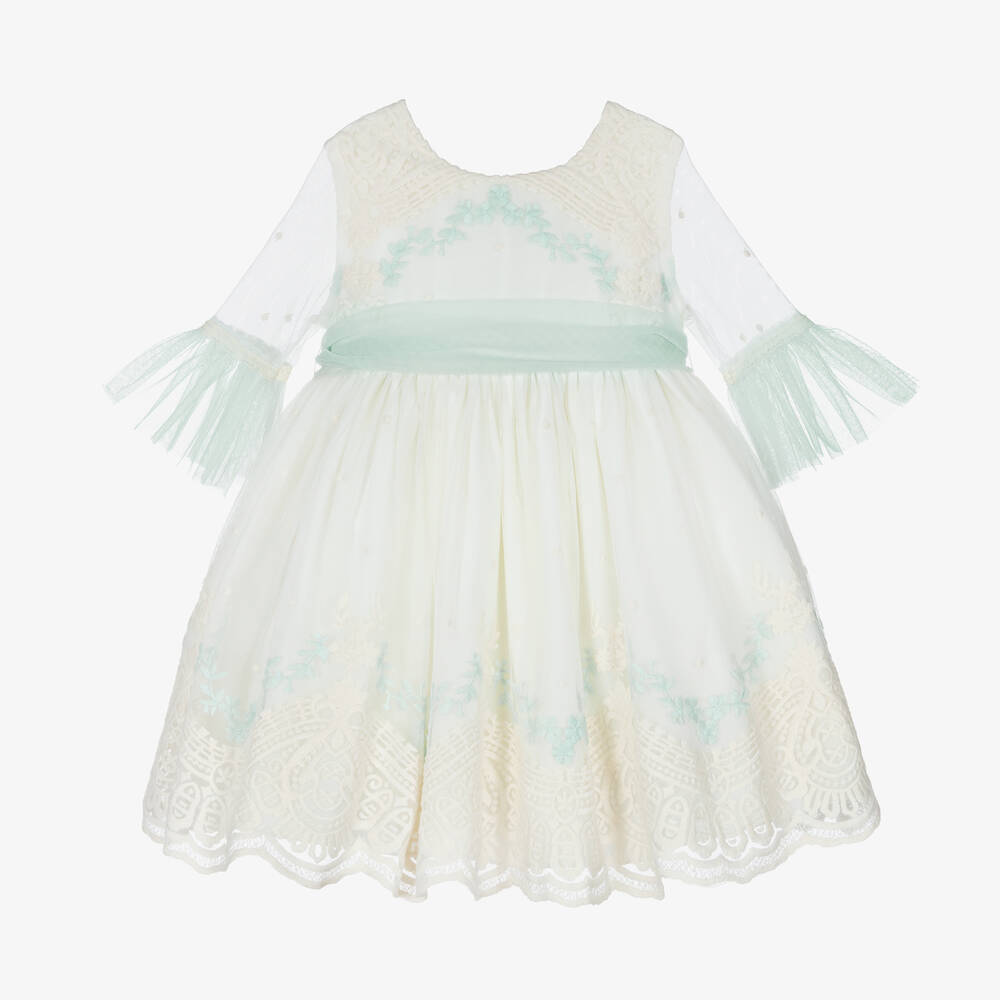 Abuela Tata - Girls Ivory & Green Embroidered Tulle Dress | Childrensalon