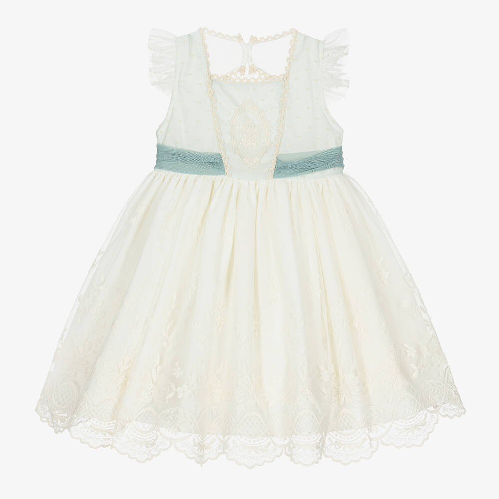 Abuela Tata - Girls Ivory & Green Tulle & Lace Dress | Childrensalon