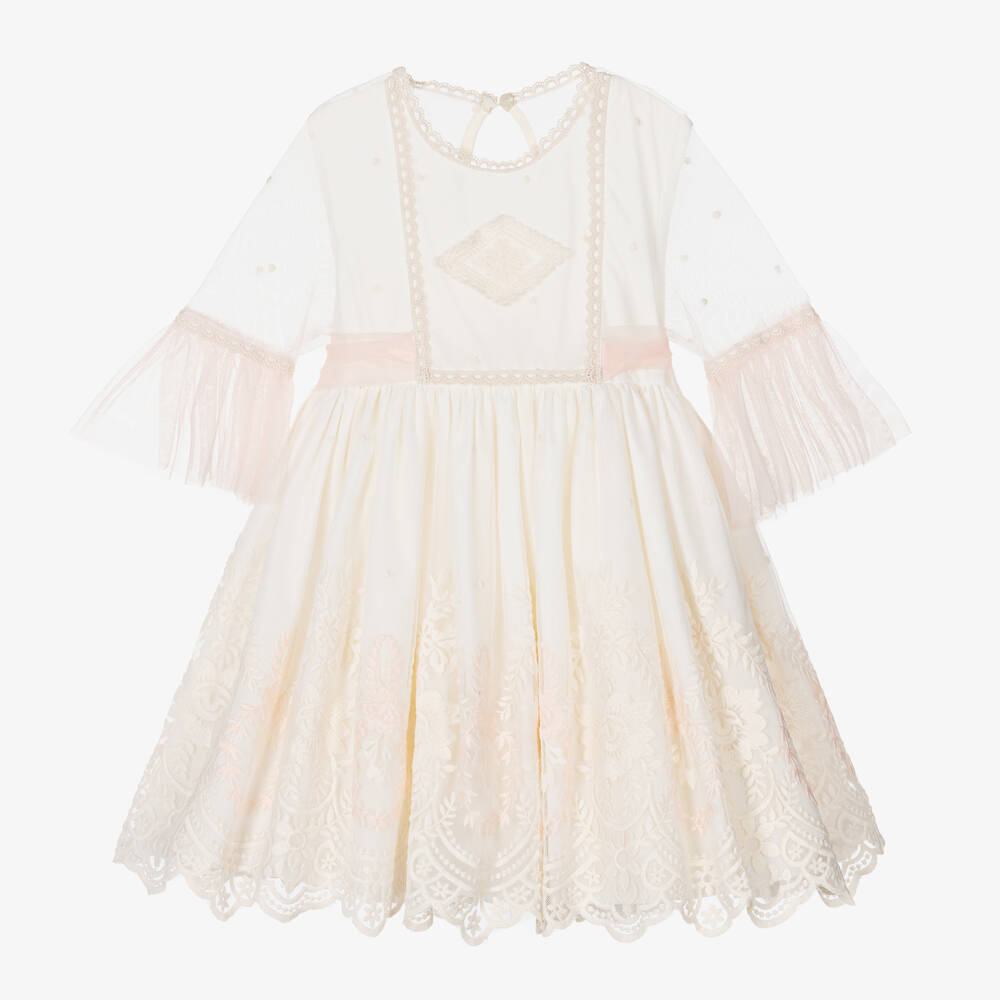 Abuela Tata - Robe ivoire et rose brodée en tulle | Childrensalon