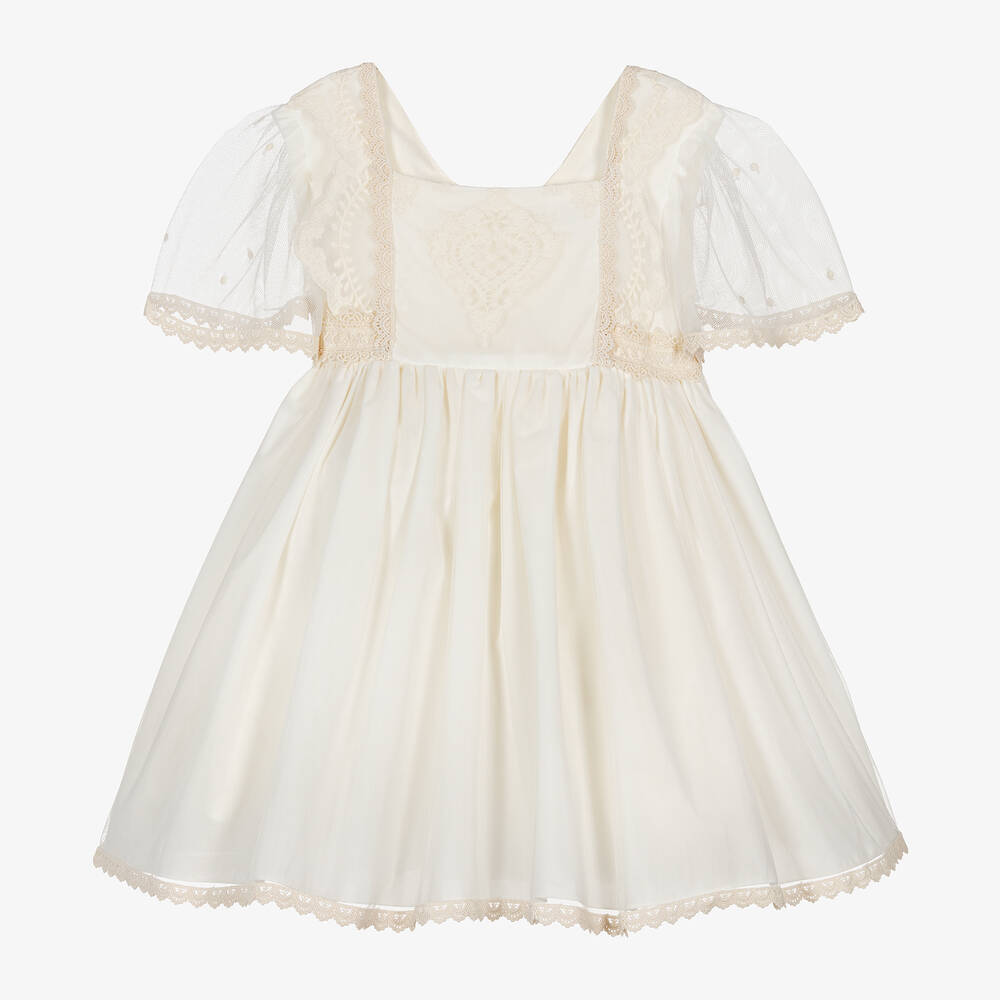 Abuela Tata - Robe ivoire brodée en tulle fille | Childrensalon