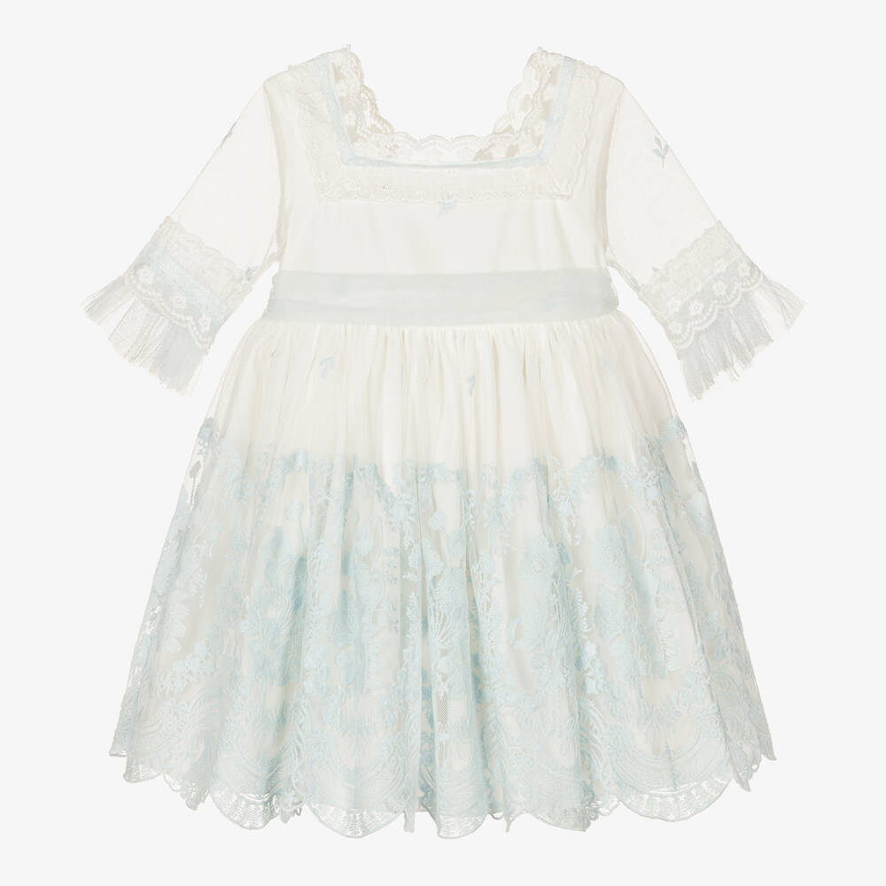 Abuela Tata - Girls White & Blue Tulle Dress | Childrensalon Outlet