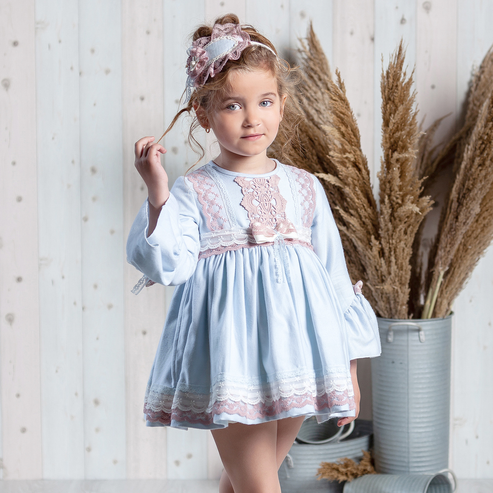 Abuela Tata - Pale Blue & Pink Cotton Dress | Childrensalon Outlet