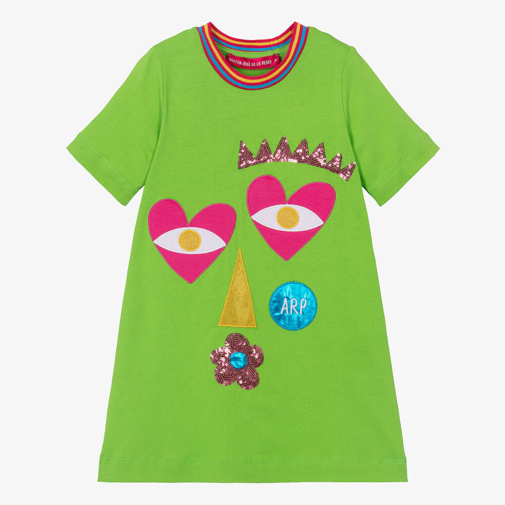 Agatha Ruiz de la Prada - فستان تيشيرت قطن لون أخضر فاقع | Childrensalon