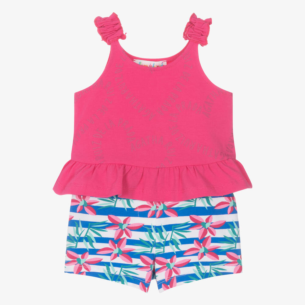 Agatha Ruiz de la Prada - Girls Pink Floral Cotton Shorts Set | Childrensalon