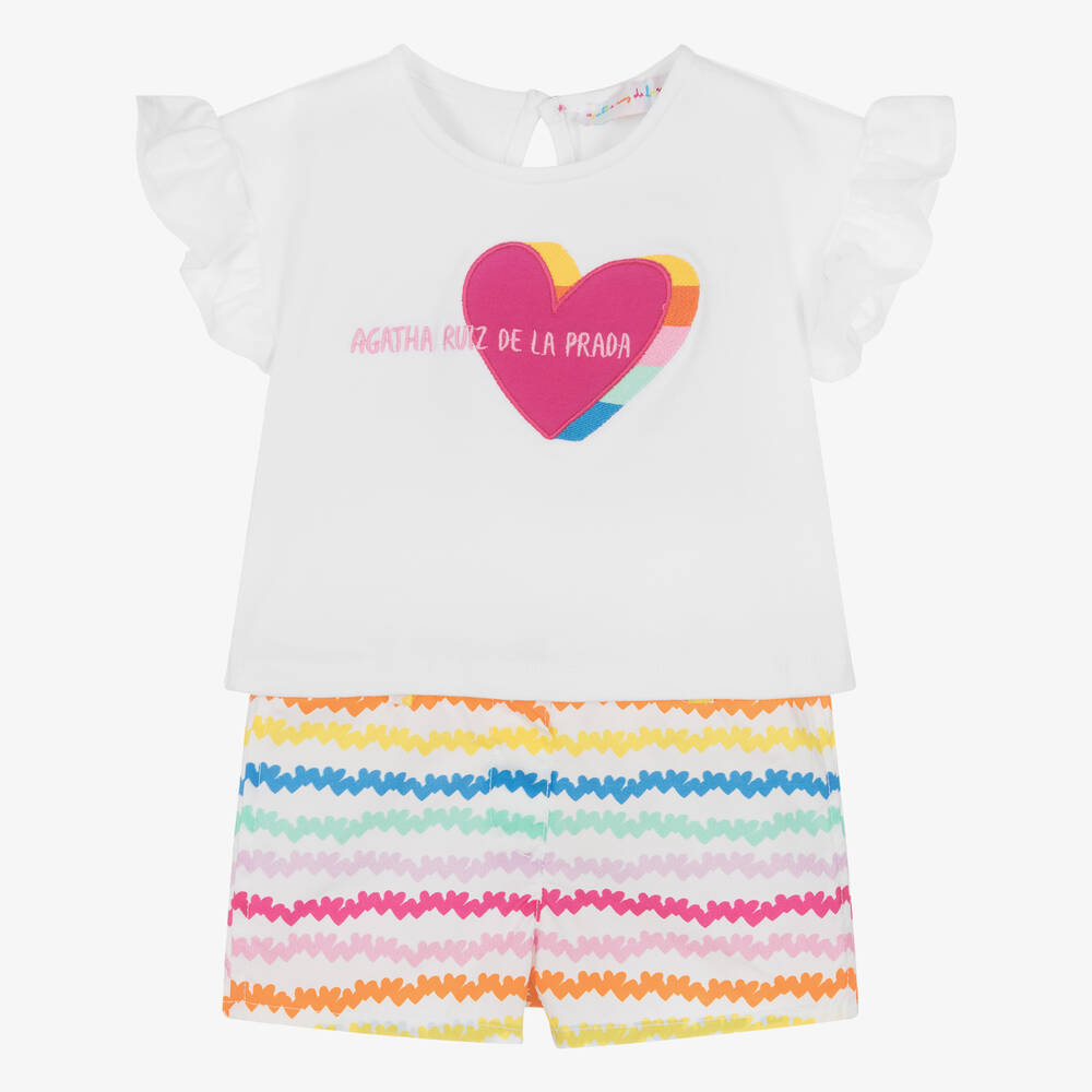 Agatha Ruiz de la Prada - Girls White & Colourful Stripe Shorts Set | Childrensalon