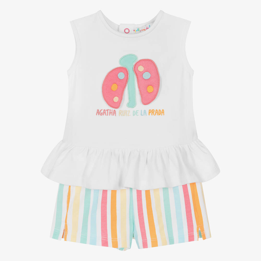 Agatha Ruiz de la Prada - Girls White & Colourful Stripe Shorts Set | Childrensalon