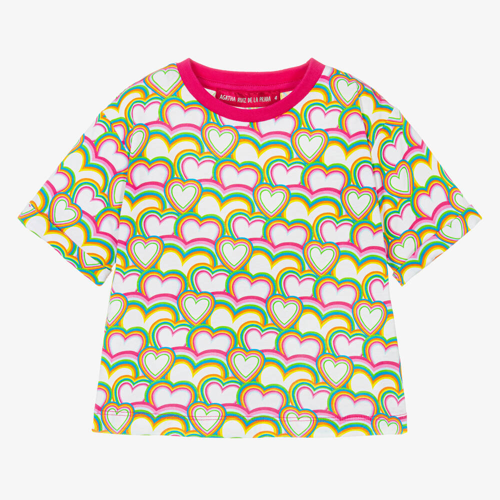 Agatha Ruiz de la Prada - Girls White & Pink Cotton Heart T-Shirt | Childrensalon