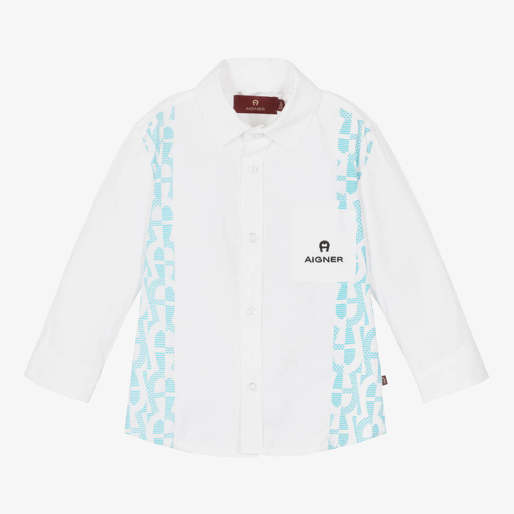 AIGNER - Baby Boys White & Blue Cotton Shirt | Childrensalon