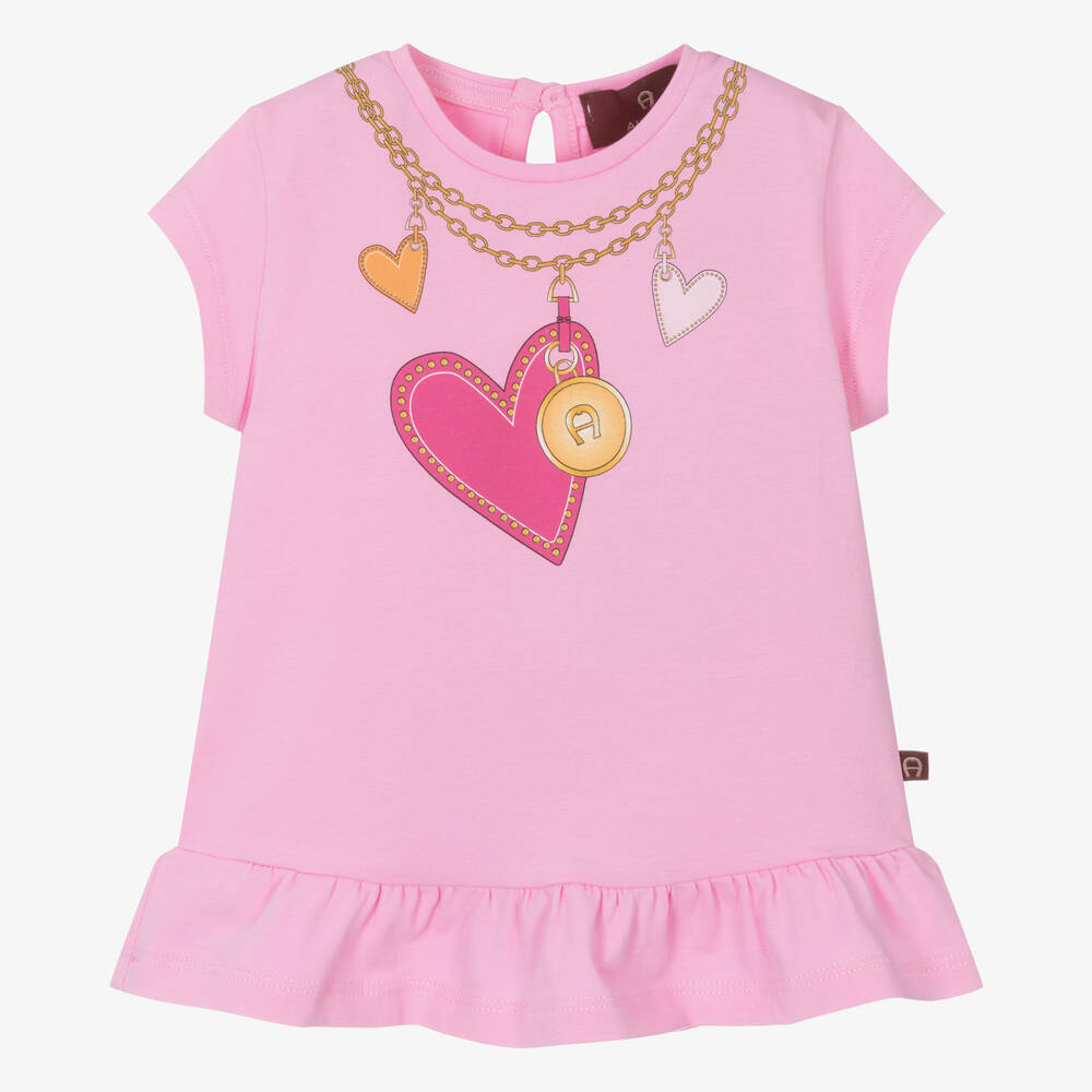 AIGNER - Baby Girls Pink Cotton Heart & Chain T-Shirt | Childrensalon