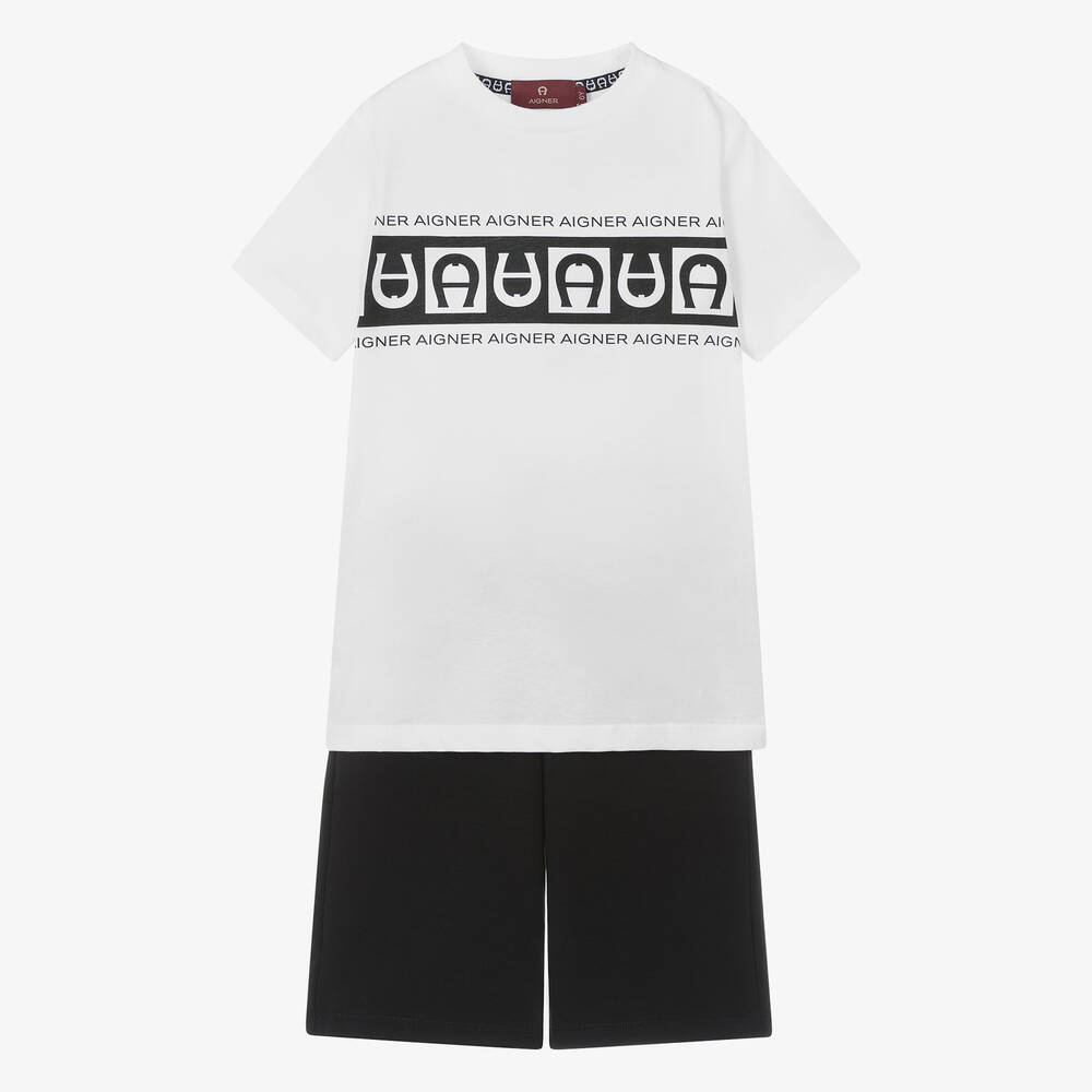 AIGNER - Boys White & Black Cotton Shorts Set | Childrensalon