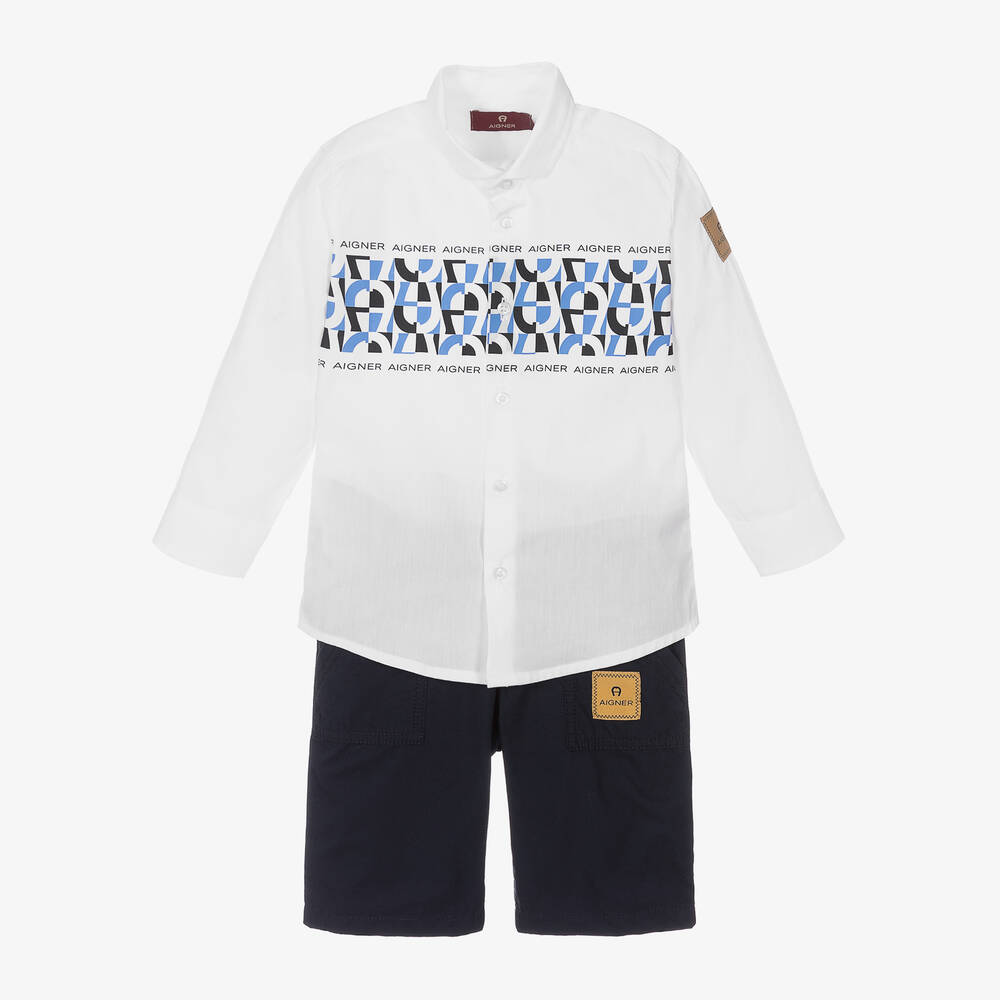 AIGNER - Boys White & Blue Cotton Shorts Set | Childrensalon