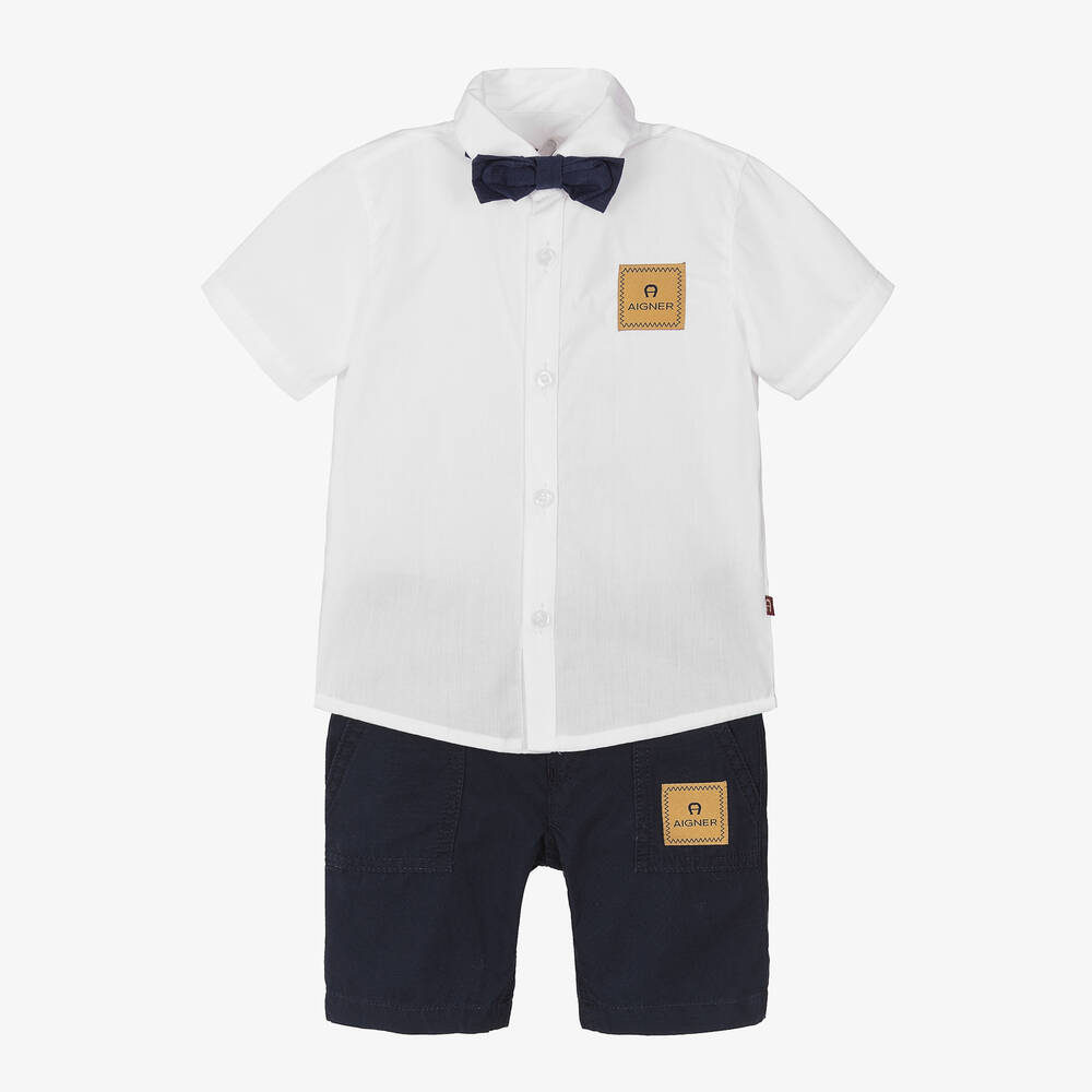 AIGNER - Boys White & Navy Blue Cotton Shorts Set | Childrensalon