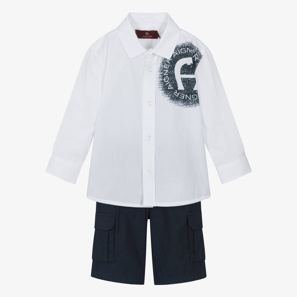 AIGNER - Ensemble short coton blanc et bleu | Childrensalon