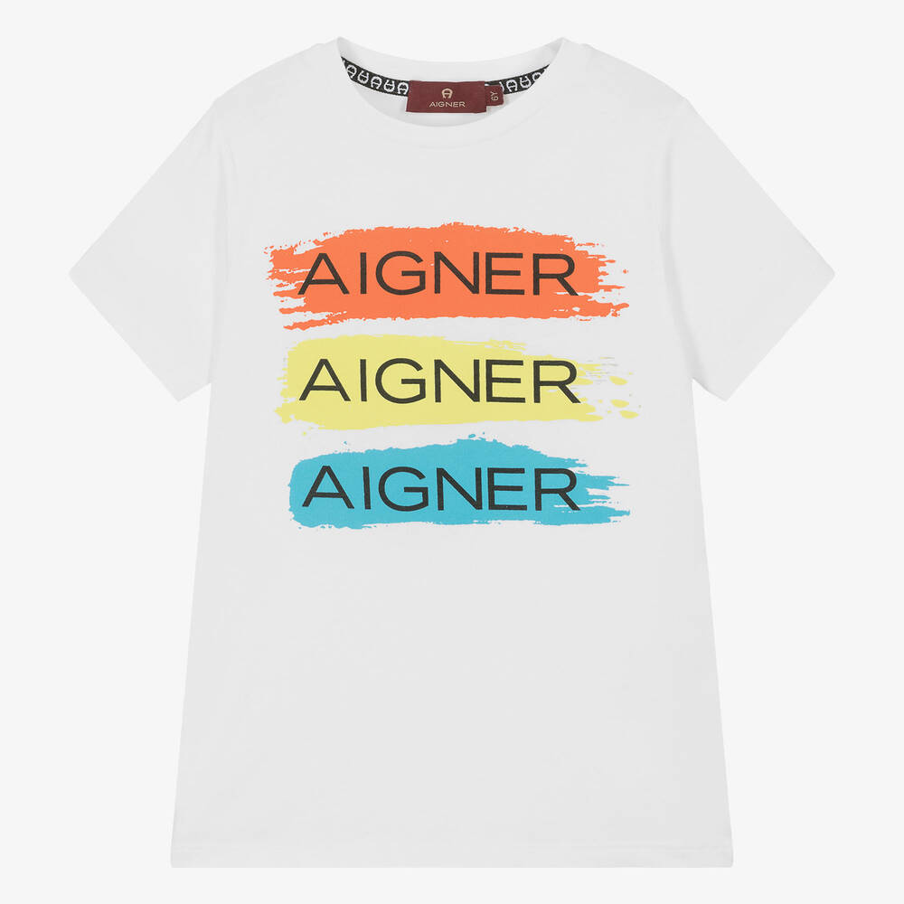 AIGNER - تيشيرت قطن مقلم لون أبيض للأولاد | Childrensalon