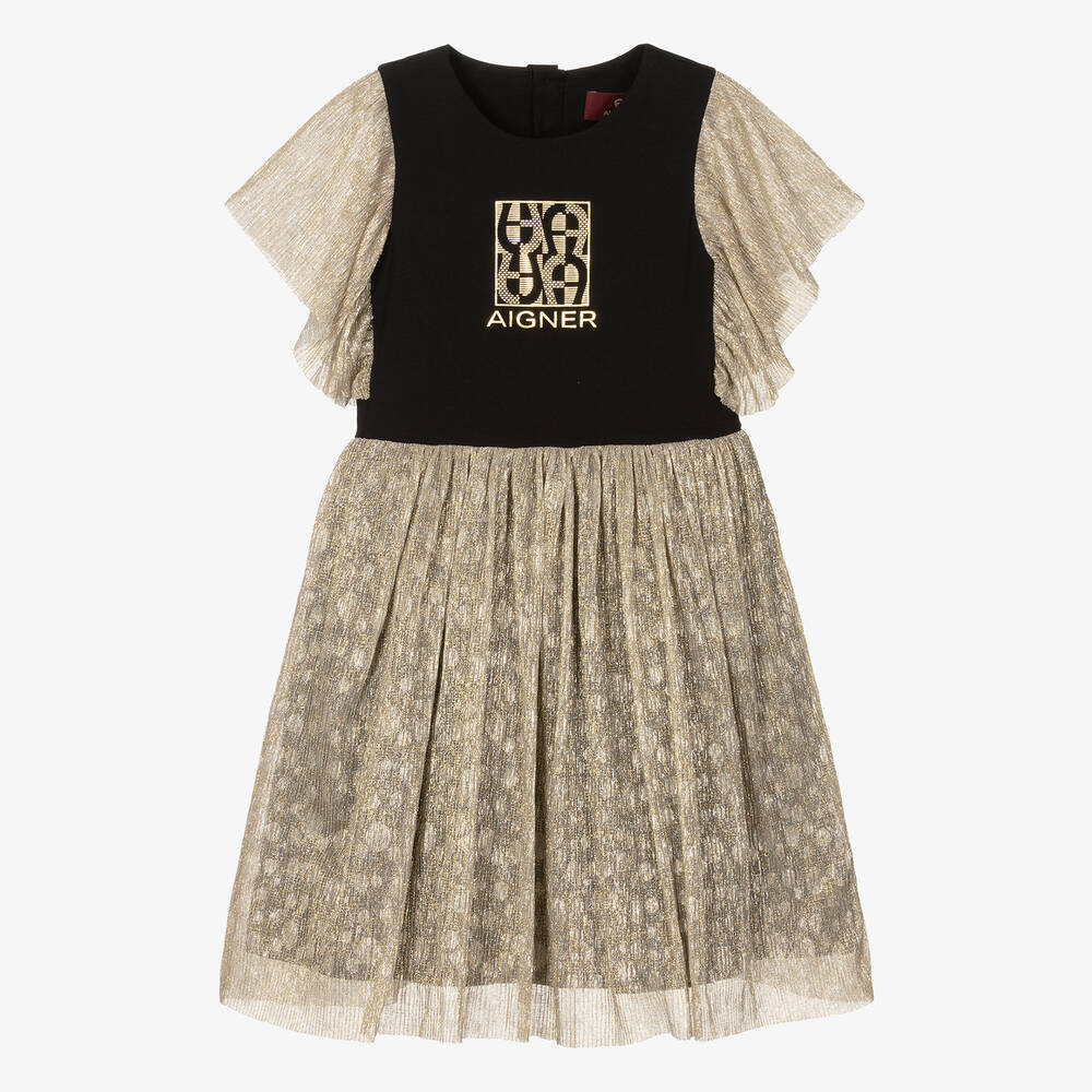 AIGNER - Girls Black & Metallic Gold Cotton Dress | Childrensalon