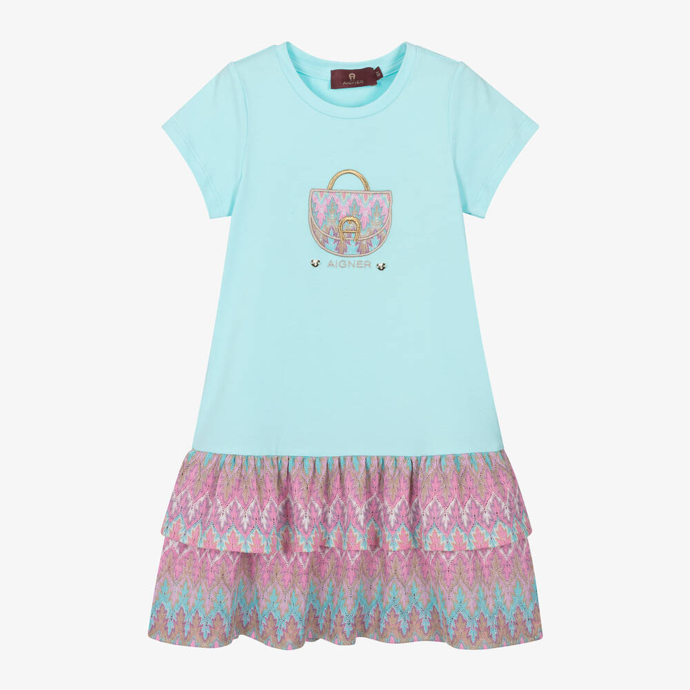 AIGNER - Robe bleu et rose brodée en coton | Childrensalon