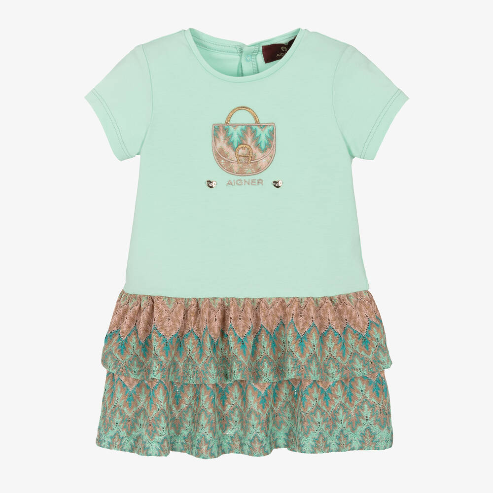 AIGNER - Girls Green Cotton Tiered Dress | Childrensalon