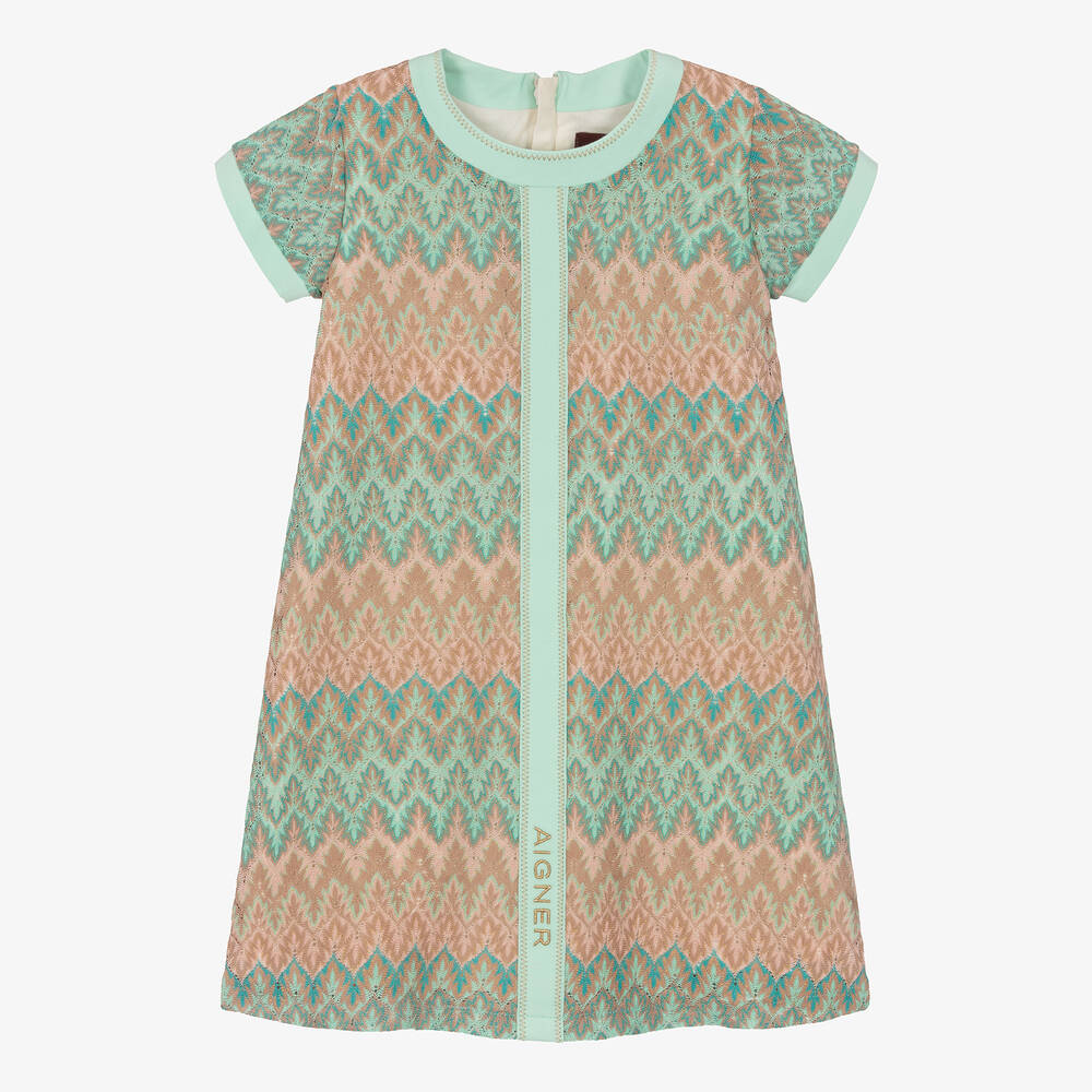 AIGNER - Girls Green & Pink Knitted Lace Dress | Childrensalon