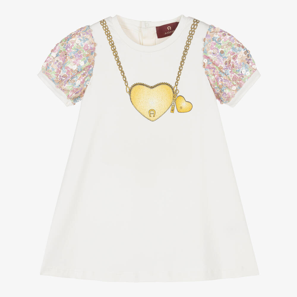 AIGNER - Robe ivoire en coton à sequins fille | Childrensalon