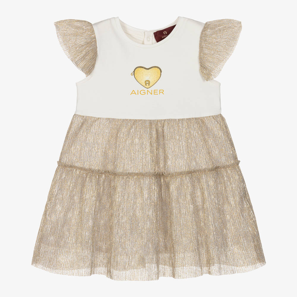 AIGNER - Girls Ivory & Gold Plissé Dress | Childrensalon