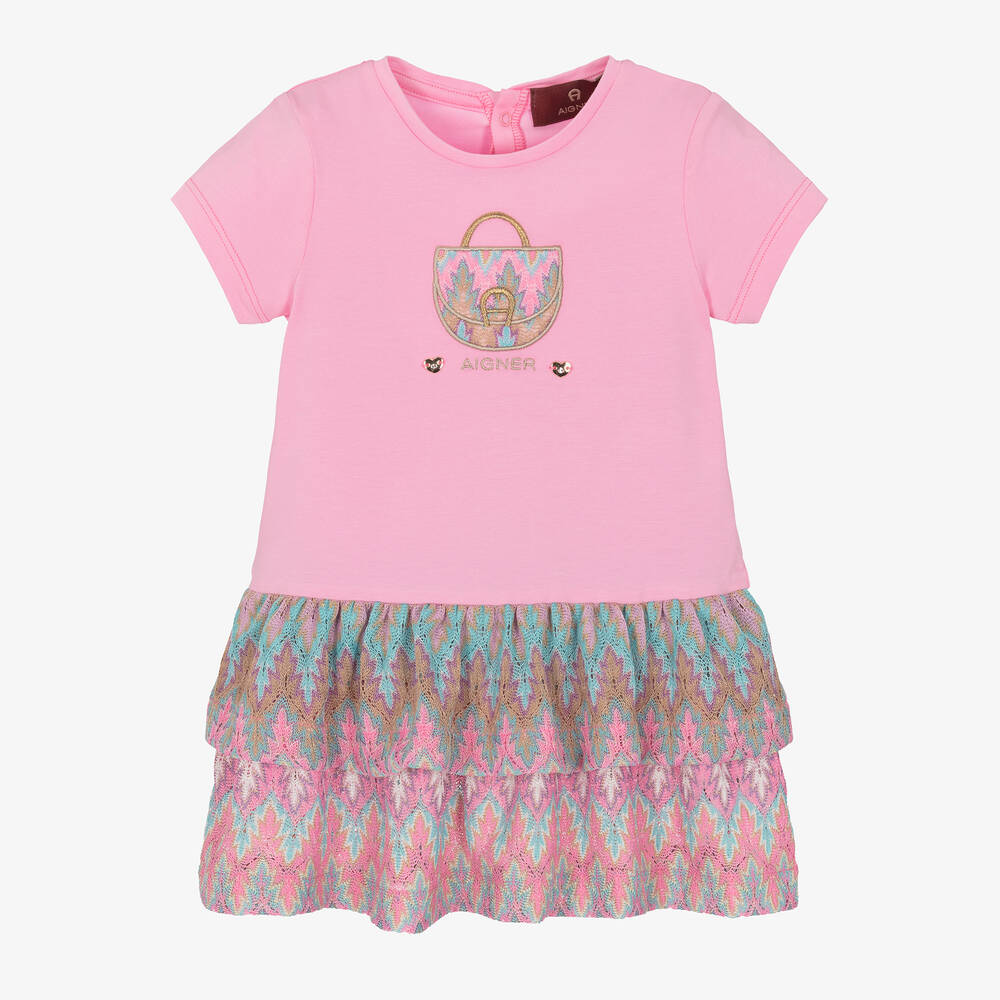 AIGNER - Girls Pink Cotton Tiered Dress | Childrensalon