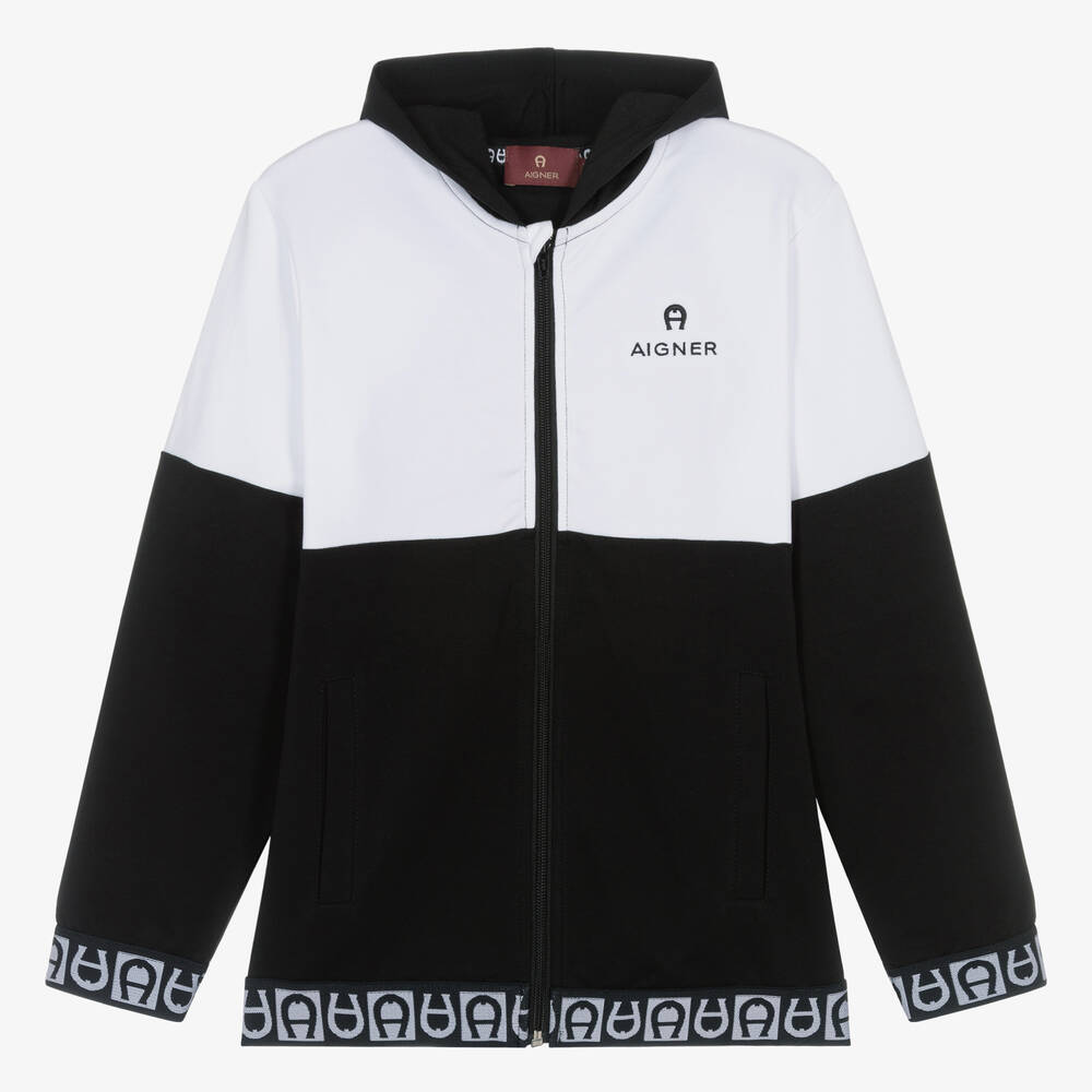 AIGNER - Teen Boys Black Cotton Hooded Zip-Up Top | Childrensalon