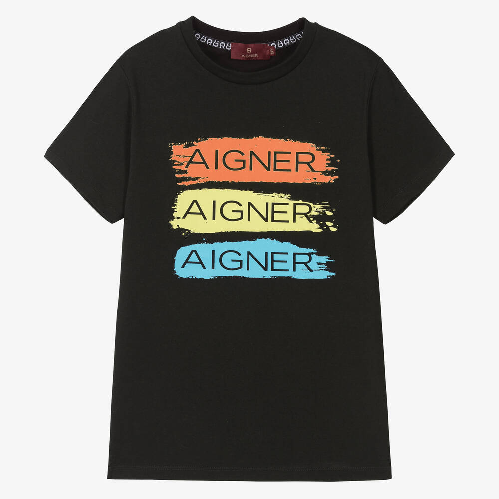 AIGNER - Teen Boys Black Cotton T-Shirt | Childrensalon