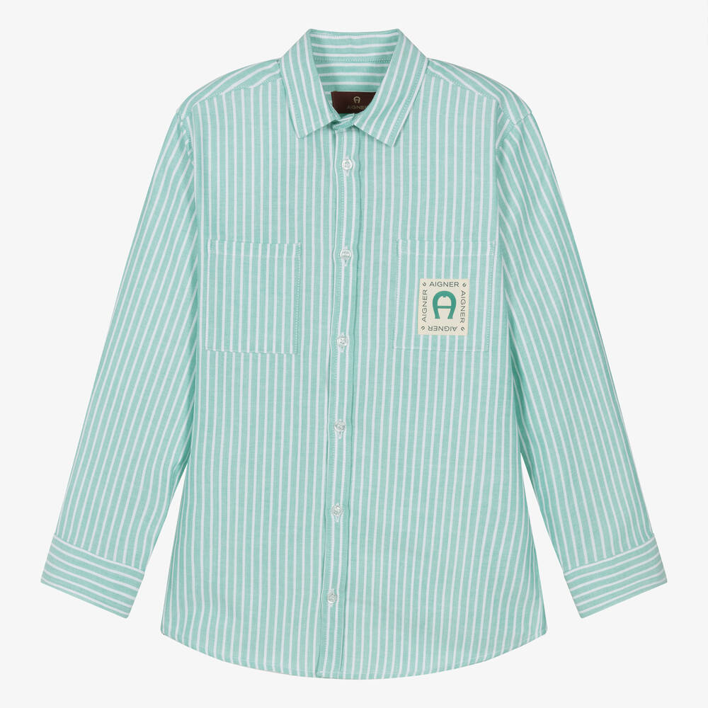 AIGNER - Teen Boys Green Striped Cotton Shirt | Childrensalon